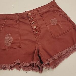 High Rise Frayed Hem Shorts in Rust